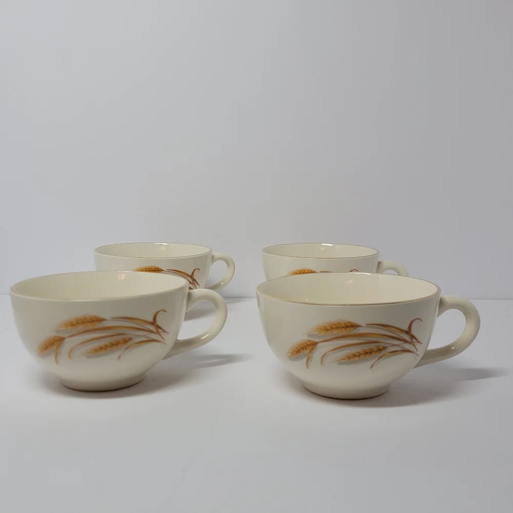 Vintage Homer Laughlin Golden Wheat Pattern Coffee Tea Cup Gold Rim Set Of 4‎